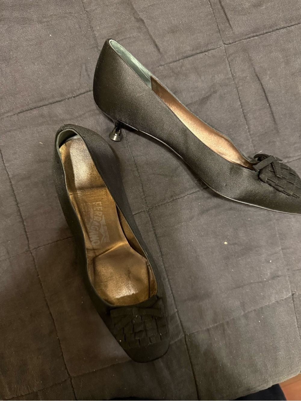 Salvatore Ferragamo Black Satin Kitten Heel Pumps with Woven Bow